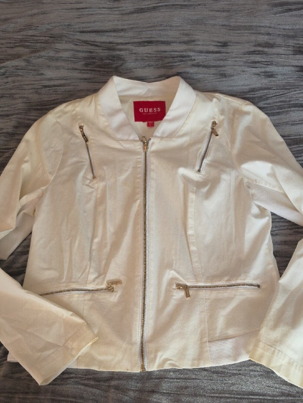 GUESS Cream Moto Jacket with Gold Zippers
